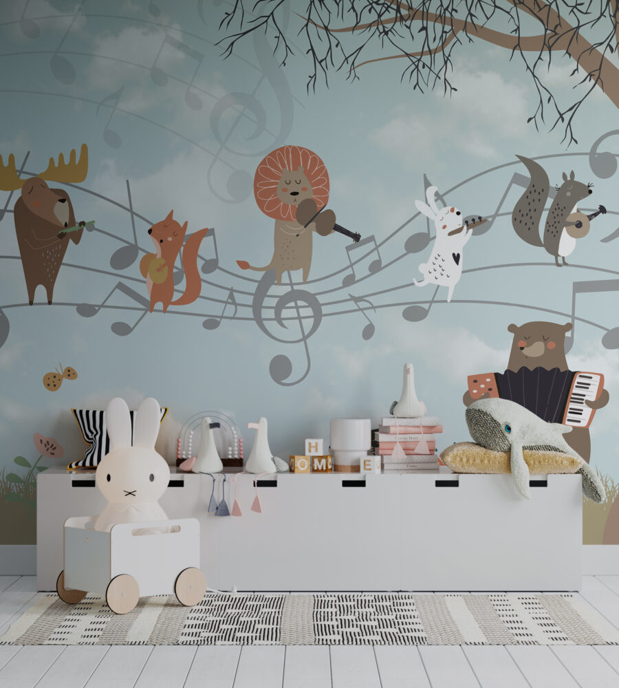 Musical Animals Wallpaper : Fox And Lion Music Notes Kids Mural - View 3