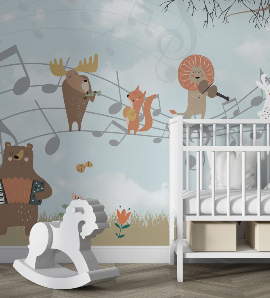 Musical Animals Wallpaper : Fox And Lion Music Notes Kids Mural - View 4