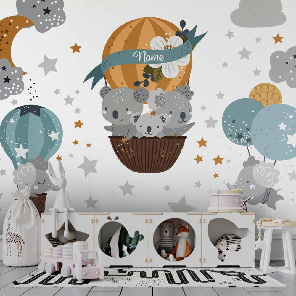 Koala Balloon Wallpaper : Grey Hot Air Balloon Nursery Mural - View 4