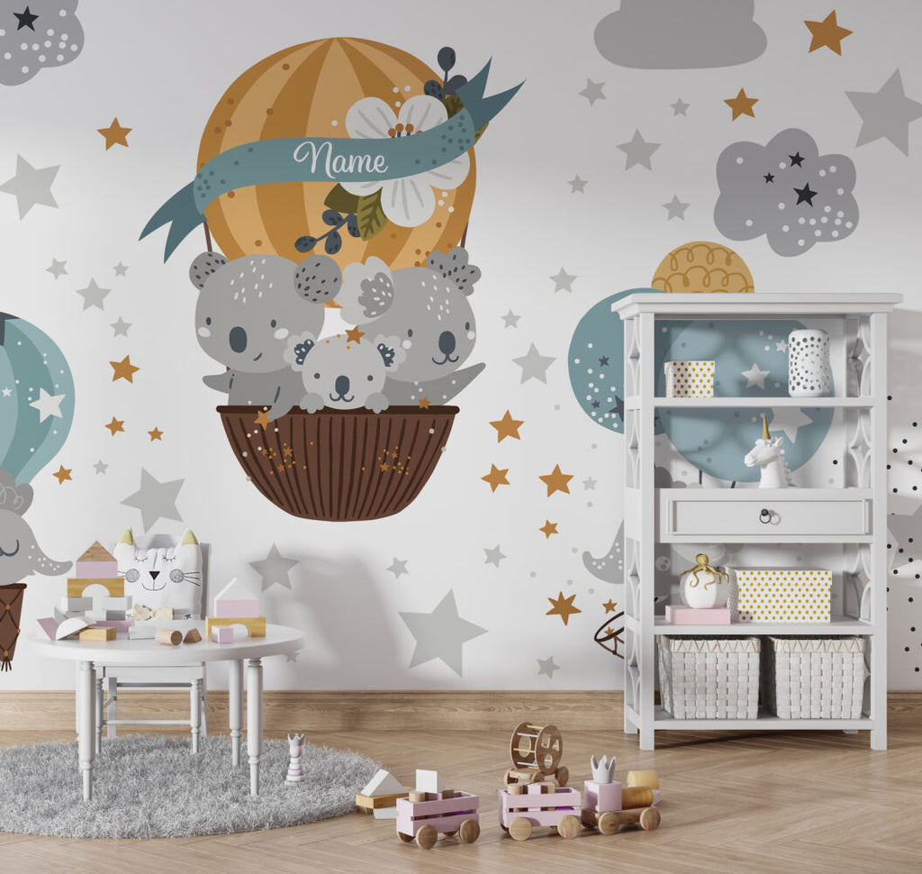 Koala Balloon Wallpaper : Grey Hot Air Balloon Nursery Mural - View 3