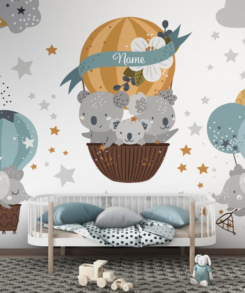 Koala Balloon Wallpaper : Grey Hot Air Balloon Nursery Mural - View 5