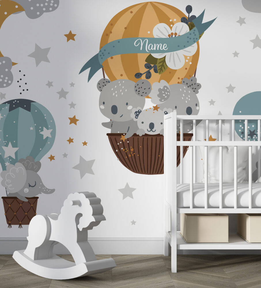 Koala Balloon Wallpaper : Grey Hot Air Balloon Nursery Mural - View 6