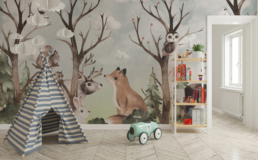 Woodland Animals Wallpaper : Fox And Deer Forest Nursery Mural - View 6