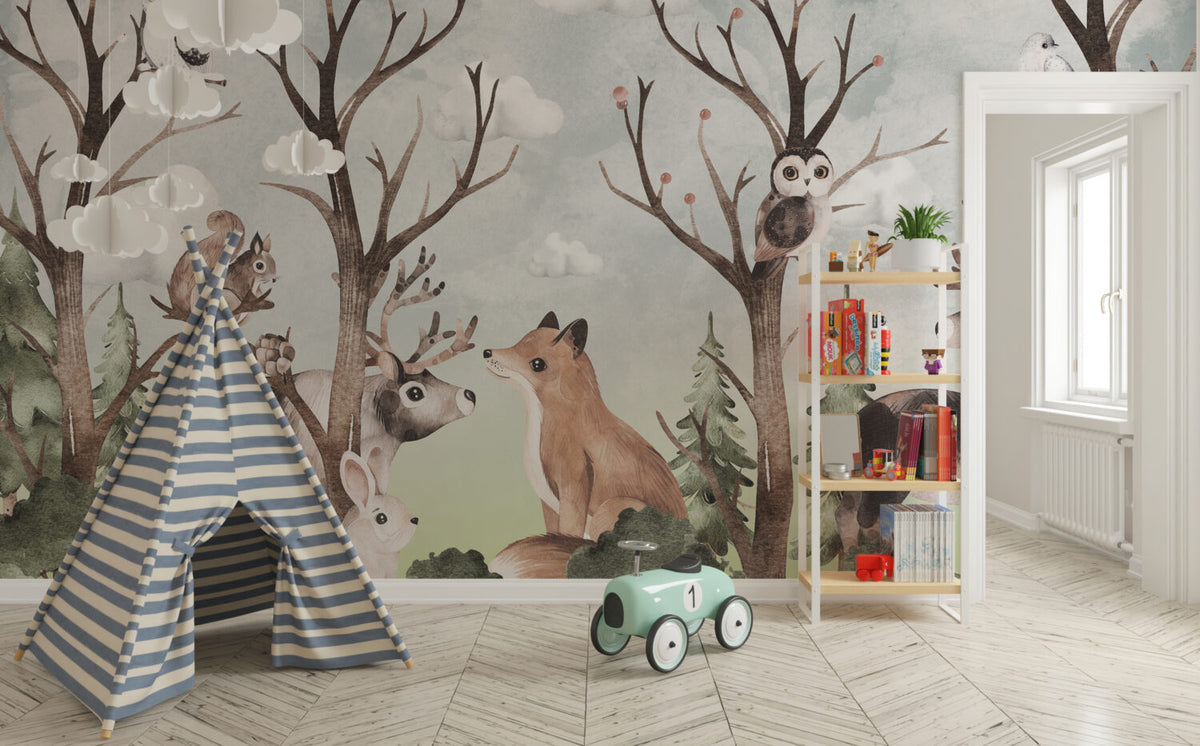 Woodland Animals Wallpaper : Fox And Deer Forest Nursery Mural - View 6