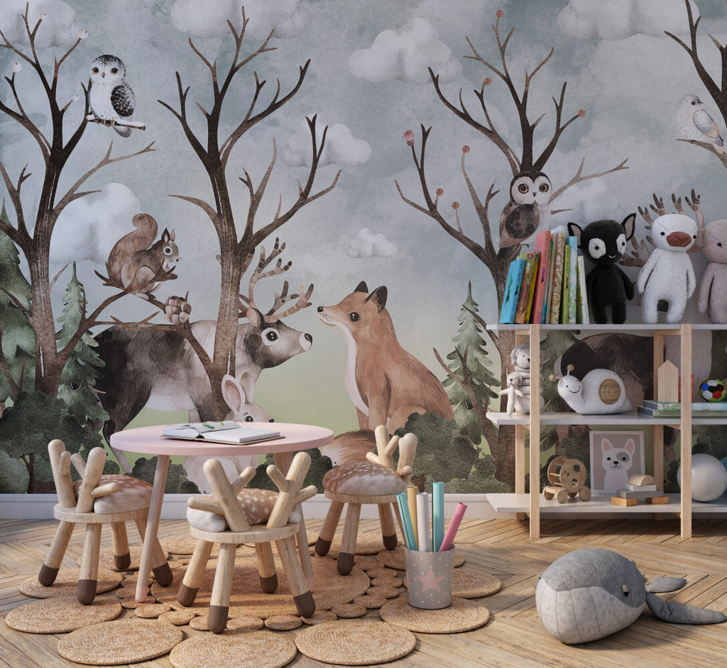 Woodland Animals Wallpaper : Fox And Deer Forest Nursery Mural - View 3