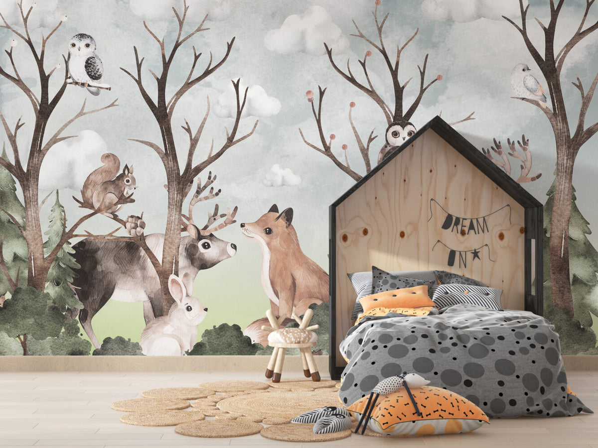 Woodland Animals Wallpaper : Fox And Deer Forest Nursery Mural - View 4