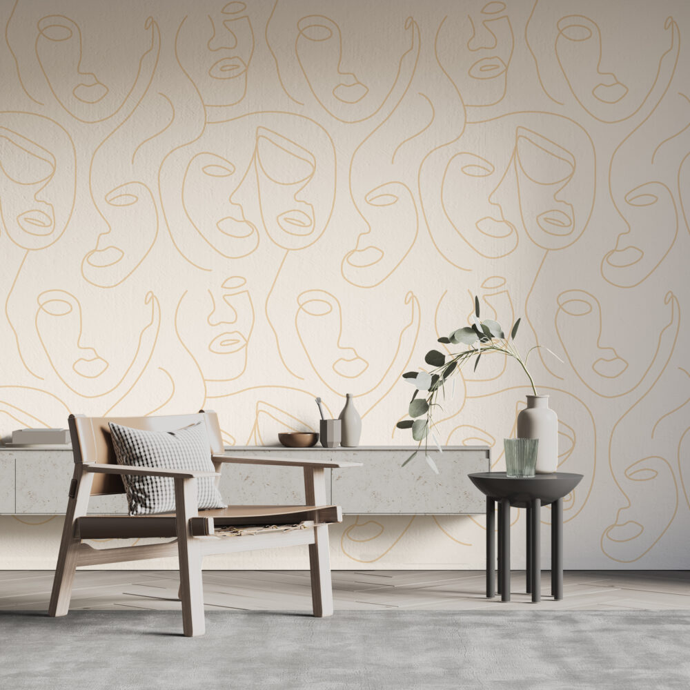 Cream Line Face Wallpaper : Gold One Line Portraits Pattern - View 3