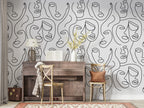 Grey Line Face Wallpaper : One Line Portraits Pattern - View 4