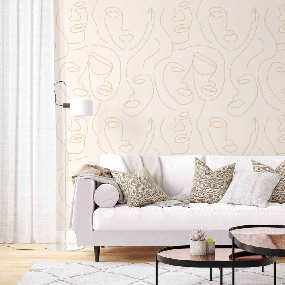 Cream Line Face Wallpaper : Gold One Line Portraits Pattern - View 4