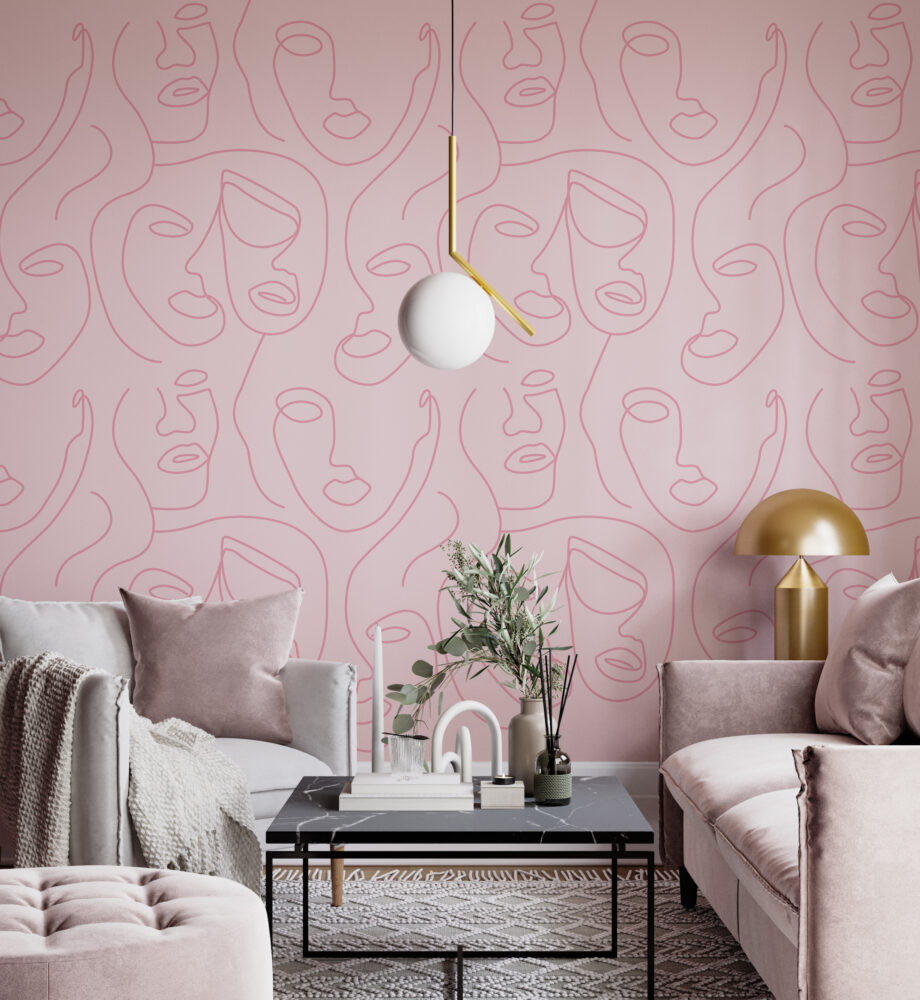 Pink Line Face Wallpaper : One Line Portraits Pattern - View 3