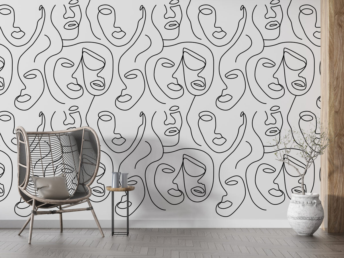 Grey Line Face Wallpaper : One Line Portraits Pattern - View 5