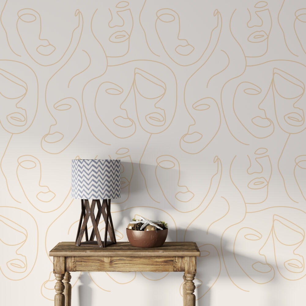 Cream Line Face Wallpaper : Gold One Line Portraits Pattern - View 5