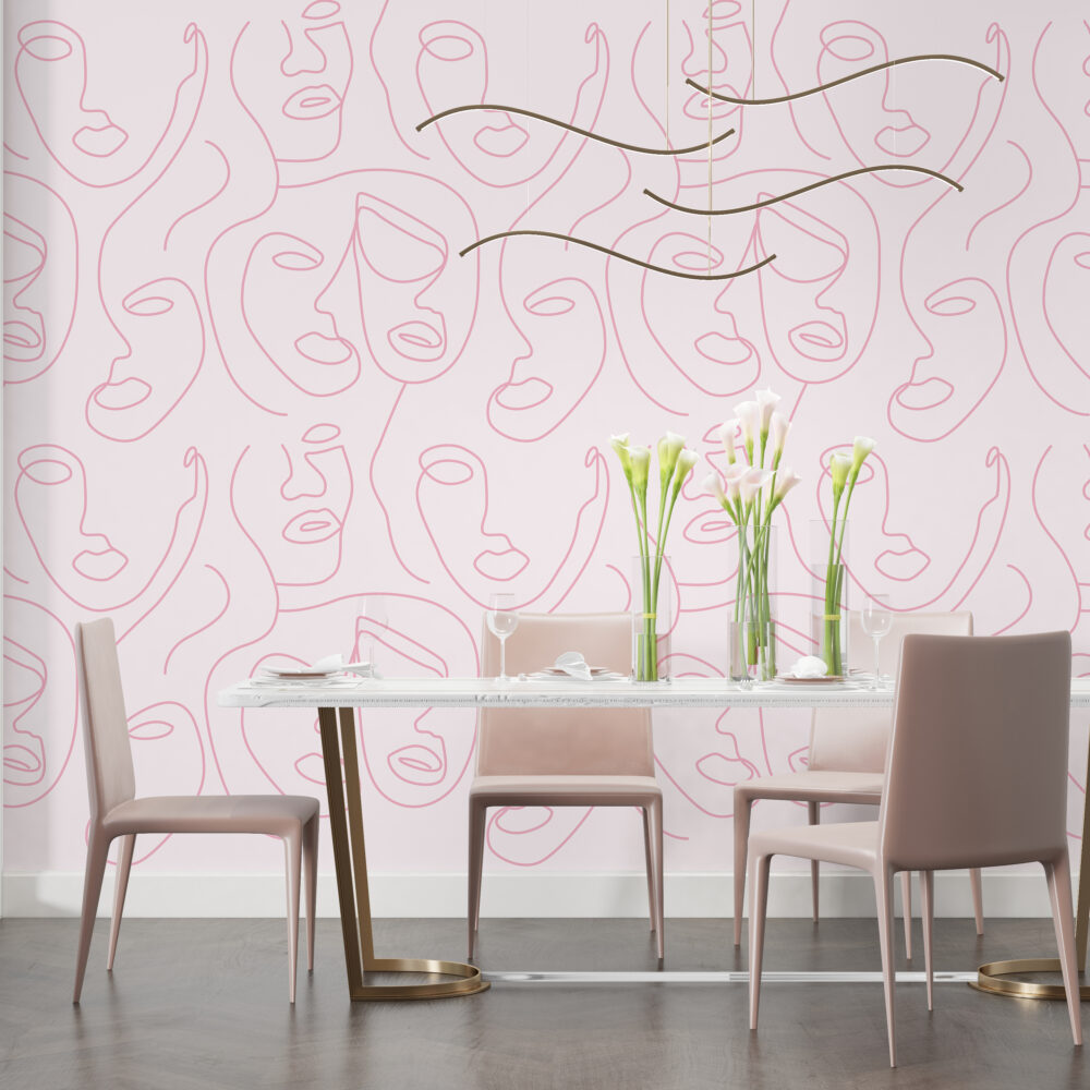 Pink Line Face Wallpaper : One Line Portraits Pattern - View 4