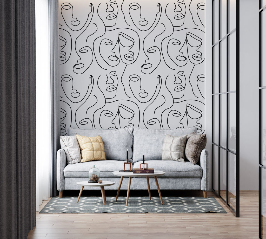 Grey Line Face Wallpaper : One Line Portraits Pattern - View 2