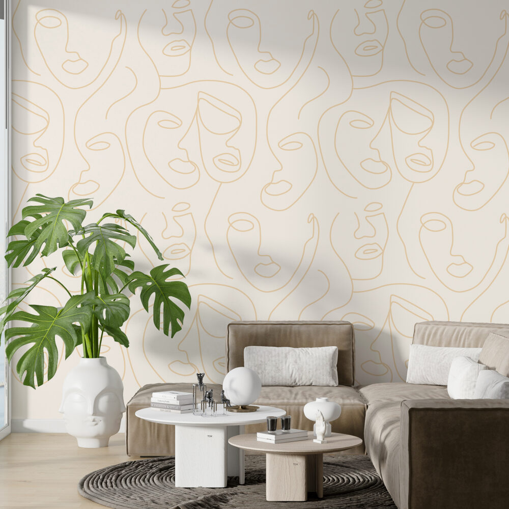 Cream Line Face Wallpaper : Gold One Line Portraits Pattern