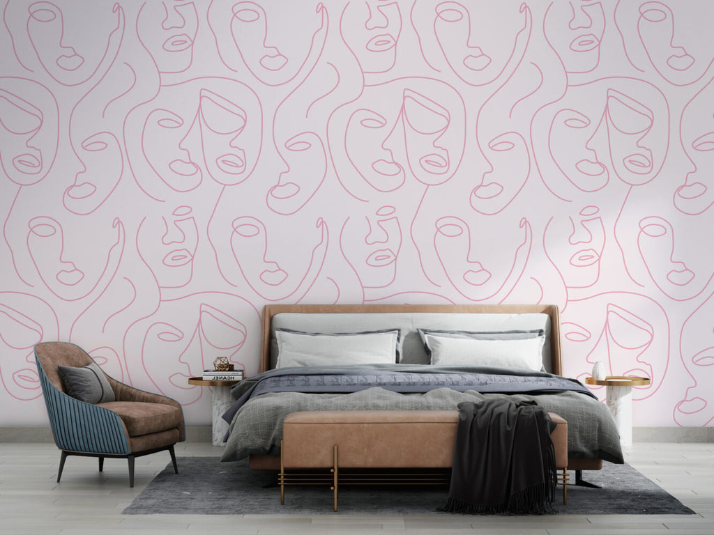 Pink Line Face Wallpaper : One Line Portraits Pattern - View 5
