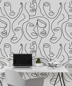 Grey Line Face Wallpaper : One Line Portraits Pattern - View 3