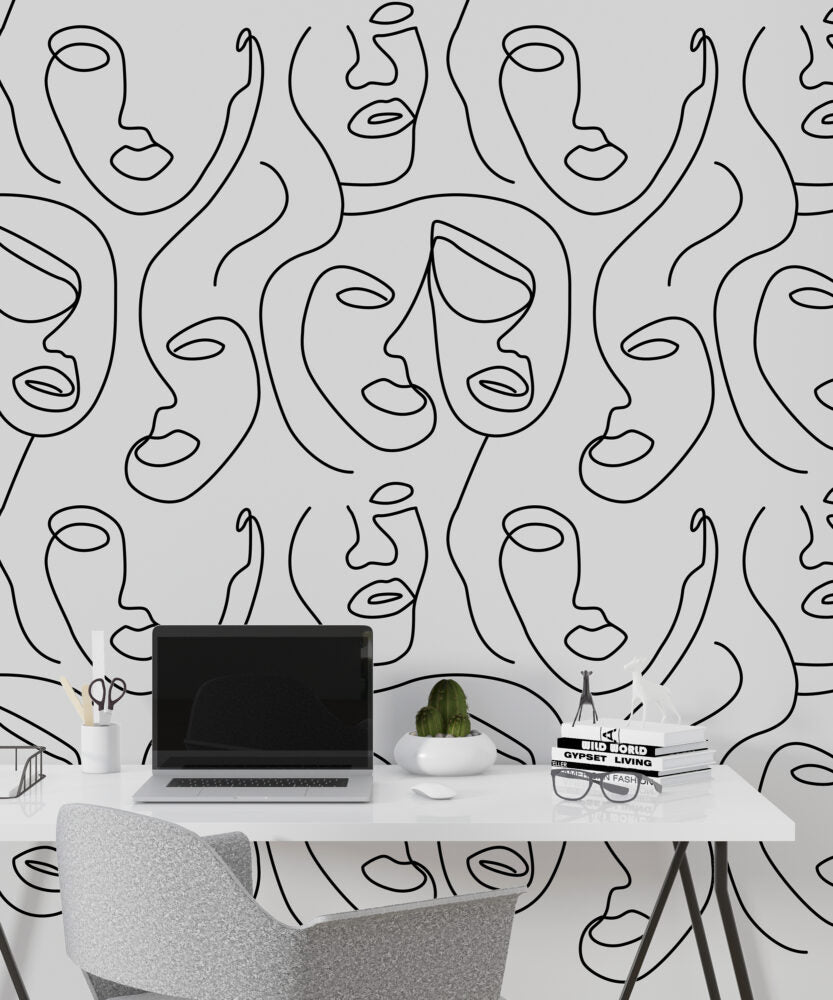 Grey Line Face Wallpaper : One Line Portraits Pattern - View 3