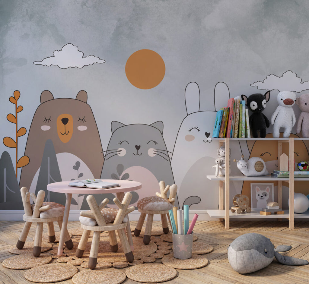 Cute Cat And Bunny Wallpaper : Soft Cartoon Animals Kids Mural