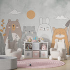 Cute Cat And Bunny Wallpaper : Soft Cartoon Animals Kids Mural - View 3