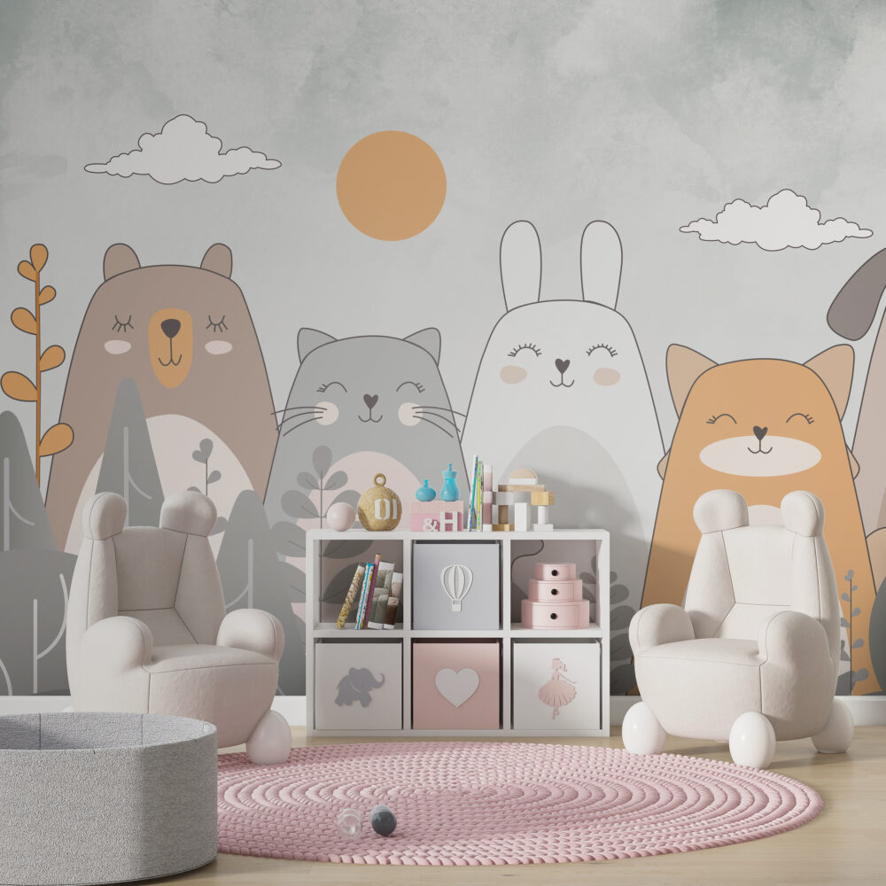 Cute Cat And Bunny Wallpaper : Soft Cartoon Animals Kids Mural - View 3