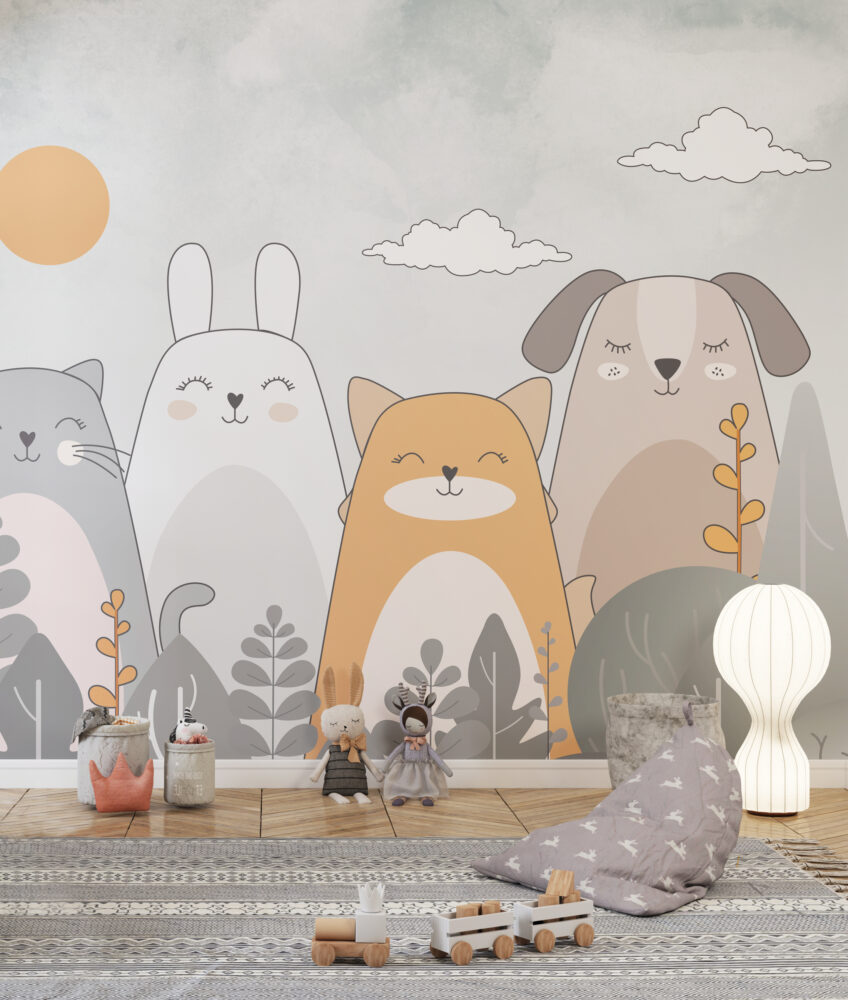 Cute Cat And Bunny Wallpaper : Soft Cartoon Animals Kids Mural - View 4