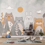 Cute Cat And Bunny Wallpaper : Soft Cartoon Animals Kids Mural - View 5