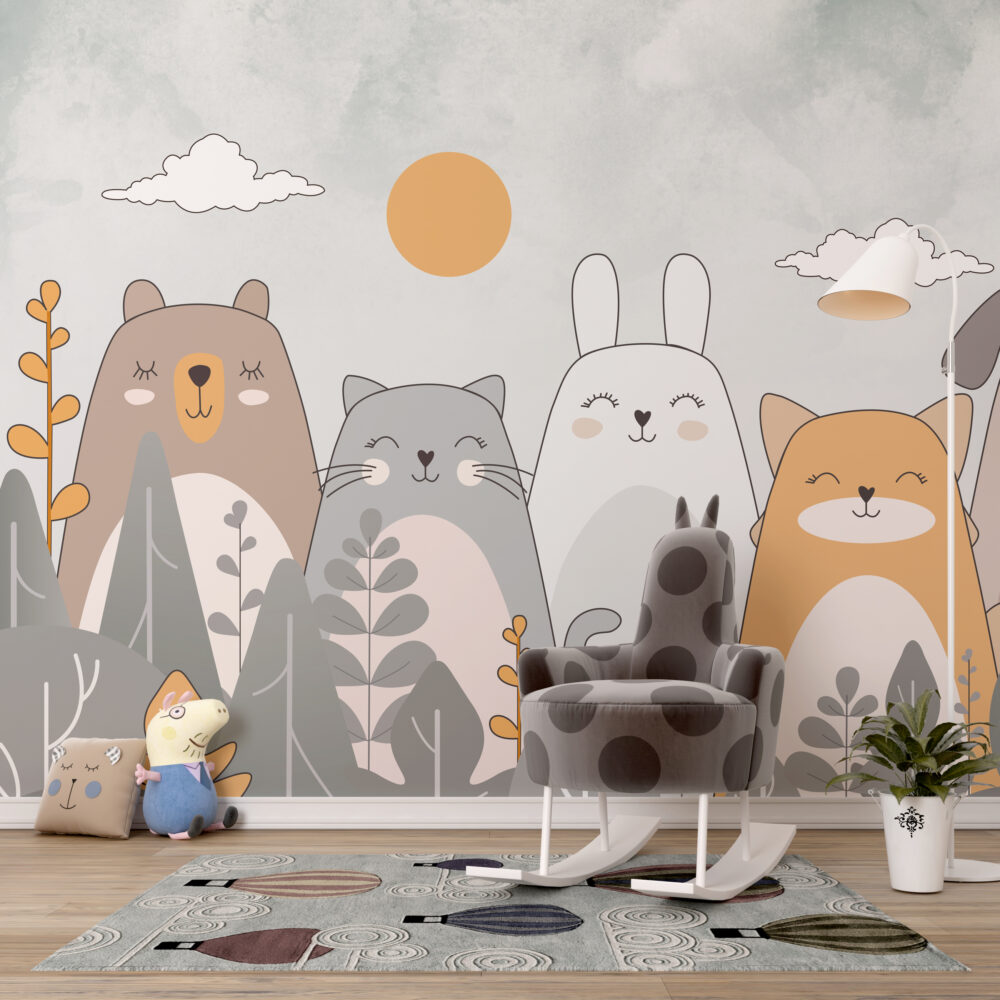 Cute Cat And Bunny Wallpaper : Soft Cartoon Animals Kids Mural - View 5