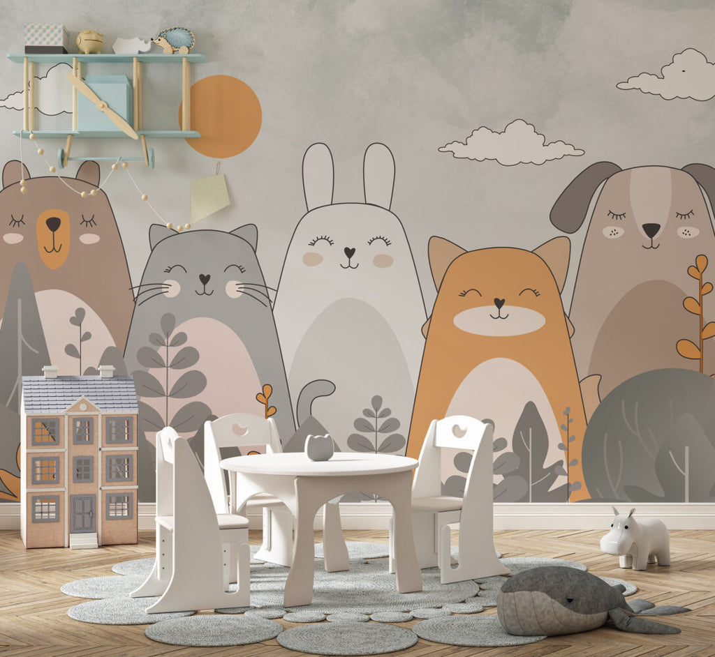 Cute Cat And Bunny Wallpaper : Soft Cartoon Animals Kids Mural - View 6