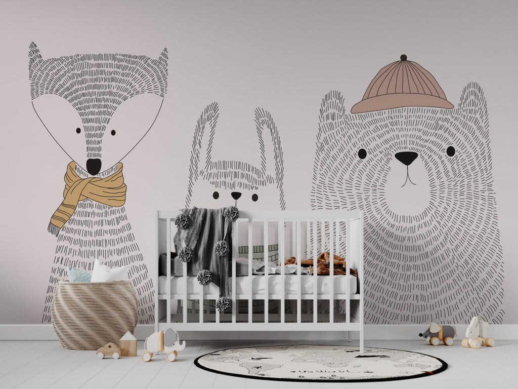 Sketch Animals Wallpaper : Grey Line Bear And Bunny Kids Mural - View 6