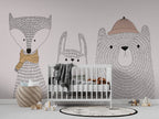 Sketch Animals Wallpaper : Grey Line Bear And Bunny Kids Mural - View 6