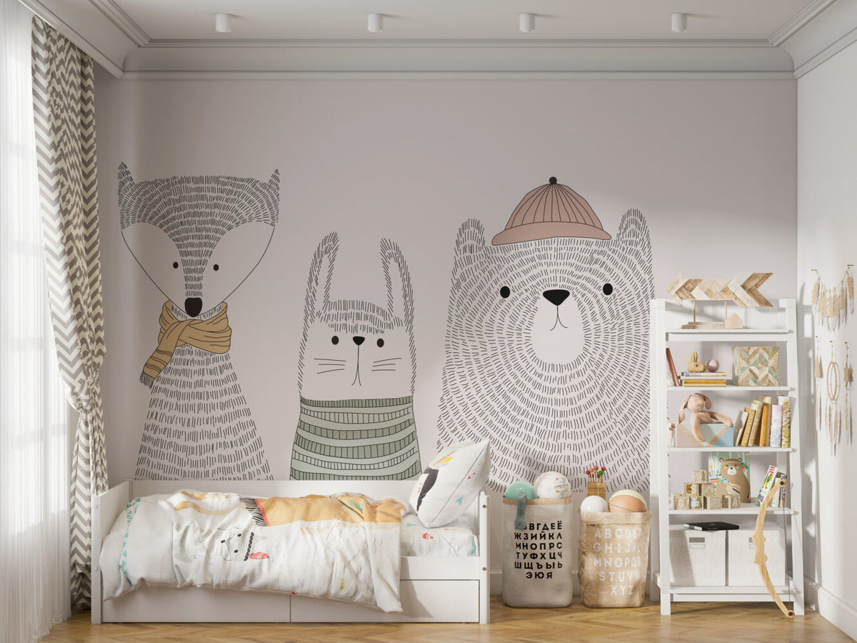 Sketch Animals Wallpaper : Grey Line Bear And Bunny Kids Mural