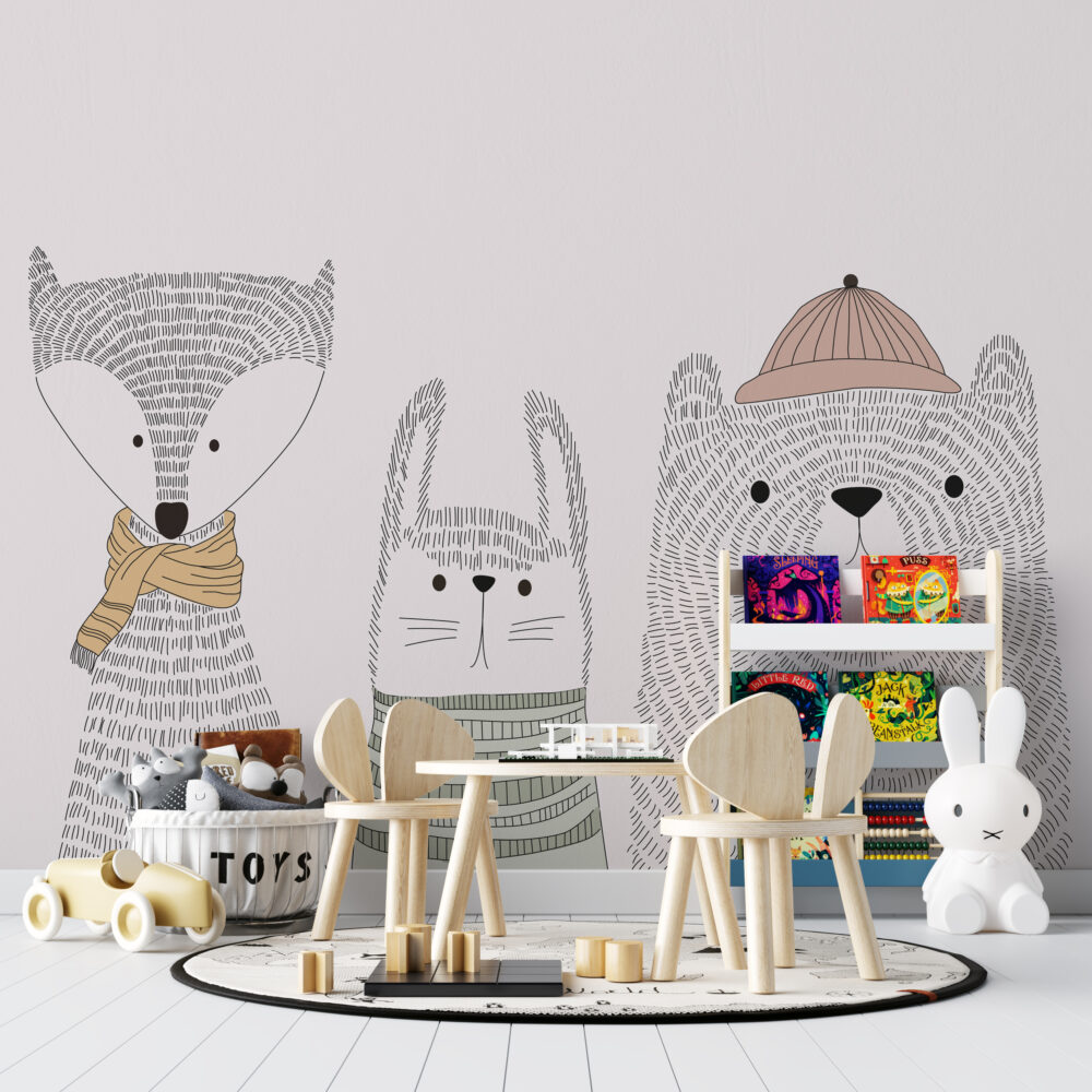 Sketch Animals Wallpaper : Grey Line Bear And Bunny Kids Mural - View 3