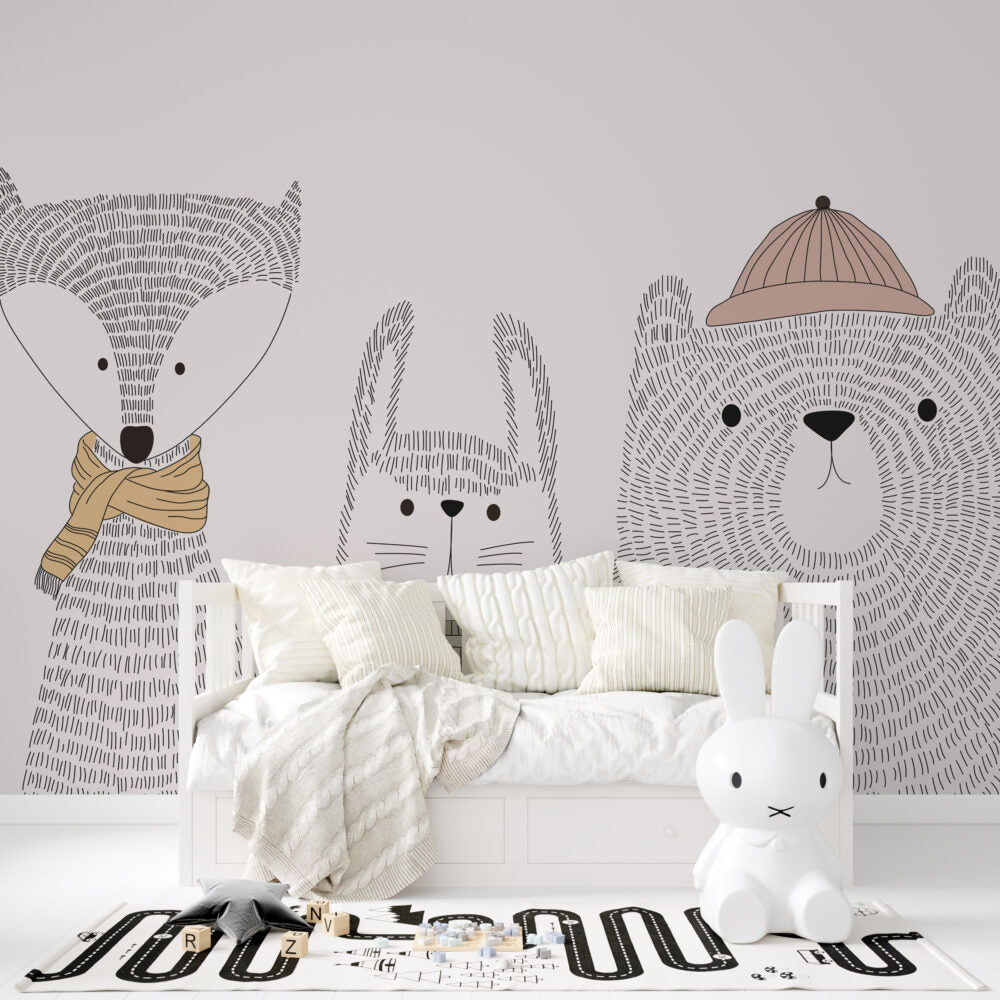 Sketch Animals Wallpaper : Grey Line Bear And Bunny Kids Mural - View 4