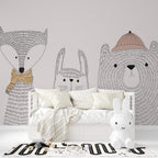 Sketch Animals Wallpaper : Grey Line Bear And Bunny Kids Mural - View 4