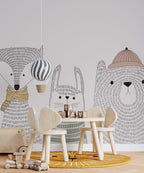 Sketch Animals Wallpaper : Grey Line Bear And Bunny Kids Mural - View 5