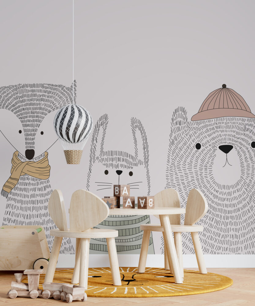 Sketch Animals Wallpaper : Grey Line Bear And Bunny Kids Mural - View 5
