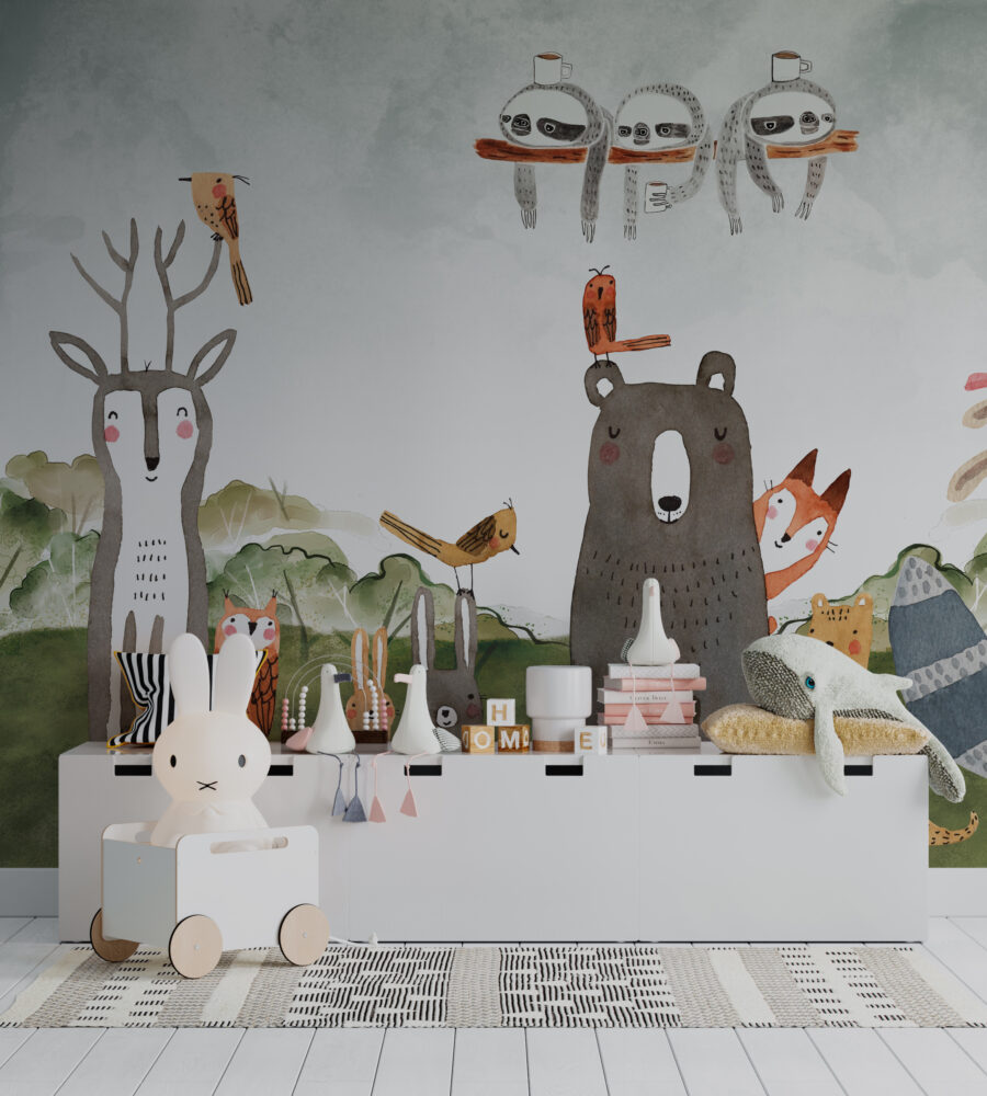 Watercolor Bear Wallpaper : Fox And Forest Animals Kids Mural - View 6