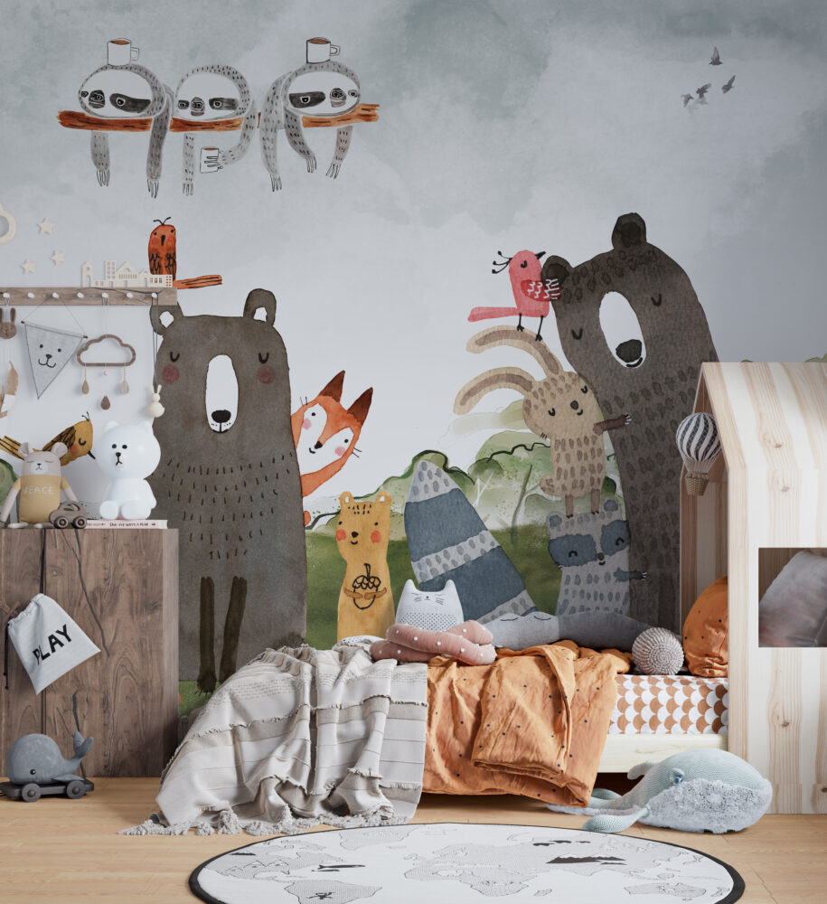 Watercolor Bear Wallpaper : Fox And Forest Animals Kids Mural - View 4