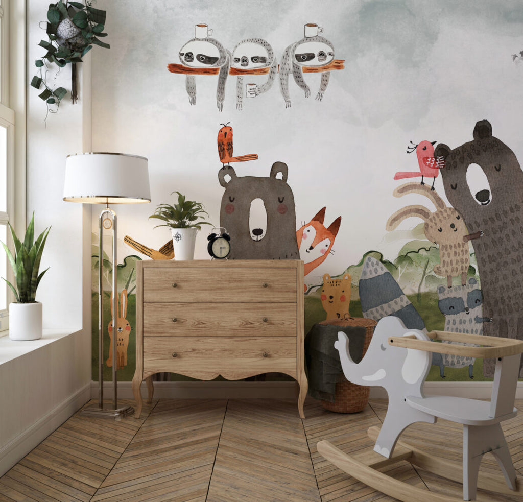 Watercolor Bear Wallpaper : Fox And Forest Animals Kids Mural - View 5