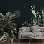 Dark Green Botanical Wallpaper : Moth And Heron Mural - View 4