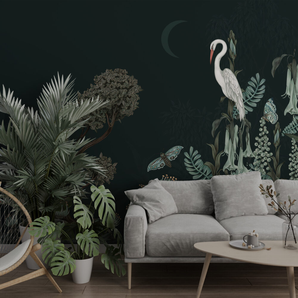 Dark Green Botanical Wallpaper : Moth And Heron Mural - View 4