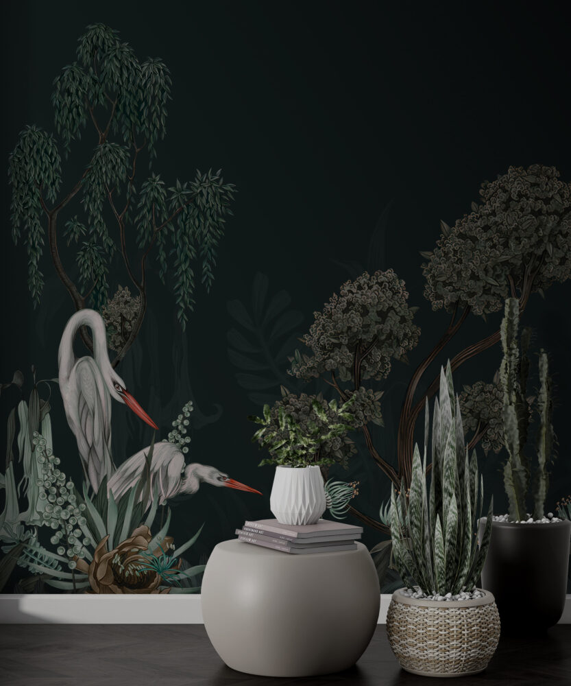 Dark Green Botanical Wallpaper : Moth And Heron Mural - View 5