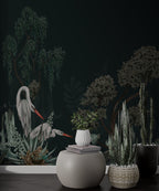 Dark Green Botanical Wallpaper : Moth And Heron Mural - View 5