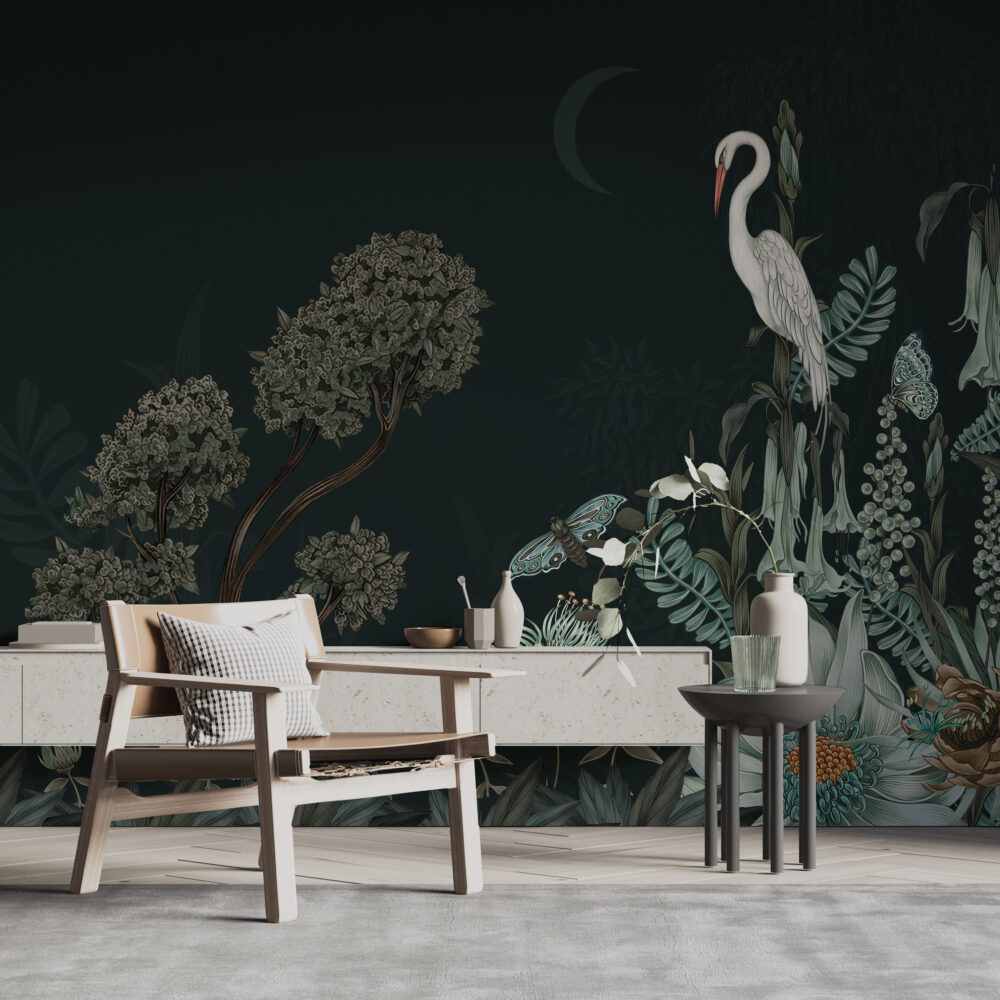 Dark Green Botanical Wallpaper : Moth And Heron Mural