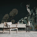 Dark Green Botanical Wallpaper : Moth And Heron Mural