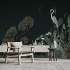 Dark Green Botanical Wallpaper : Moth And Heron Mural