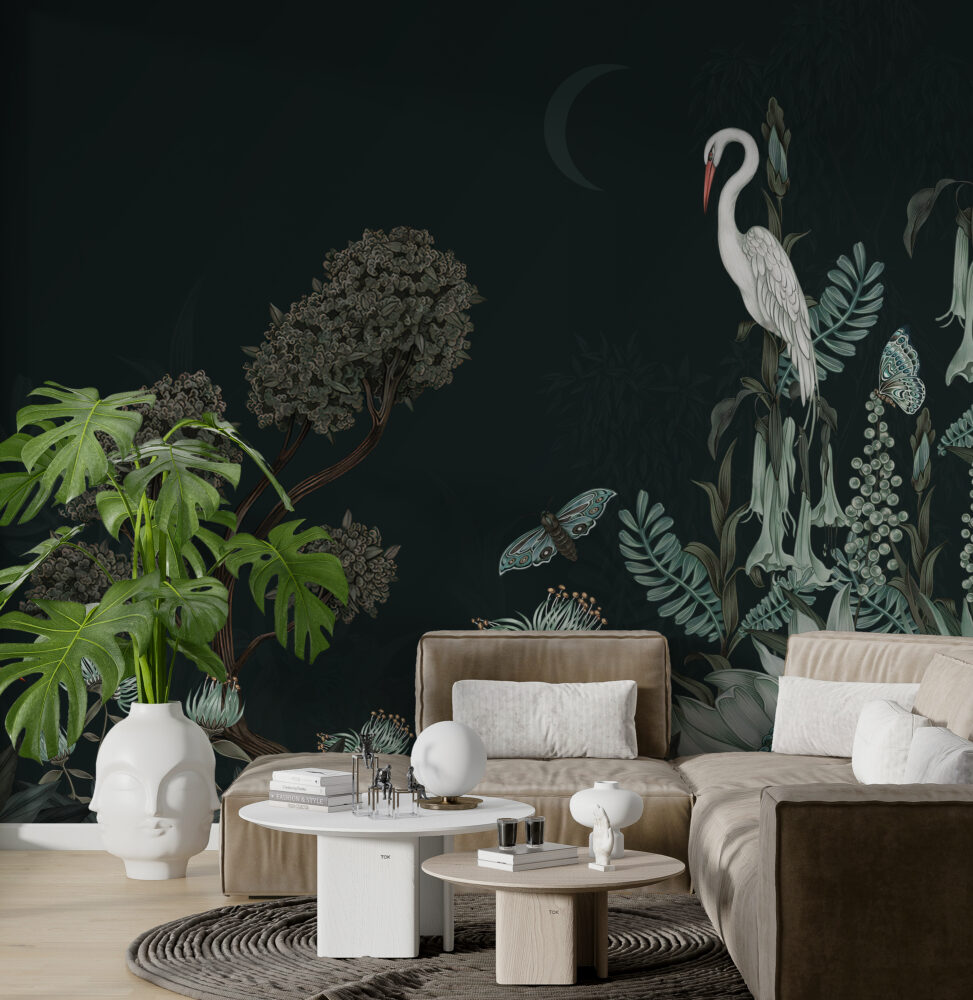 Dark Green Botanical Wallpaper : Moth And Heron Mural - View 2