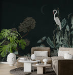 Dark Green Botanical Wallpaper : Moth And Heron Mural - View 2