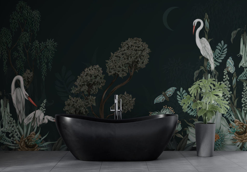 Dark Green Botanical Wallpaper : Moth And Heron Mural - View 3